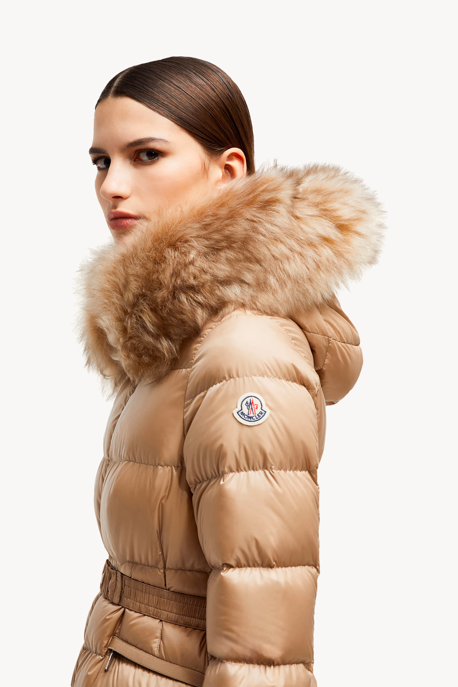 Boed Hooded Shearling-Trimmed Short Down Jacket Women Camel Beige Moncler 4